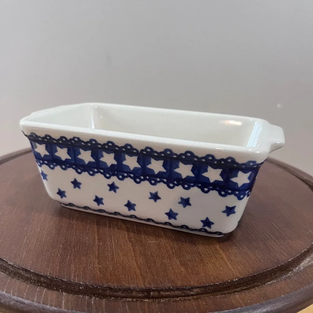 Ceramika Boleslawiec‎ Polish Pottery Mini Loaf Pan Blue White Stars Vtg Folk Art
